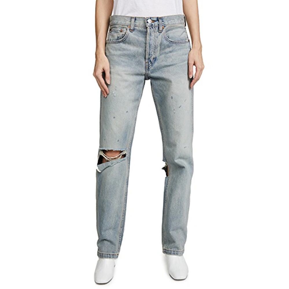 RE/DONE Grunge Destroyed Straight Leg Jeans Dirty Destroy Light Wash Size 23
